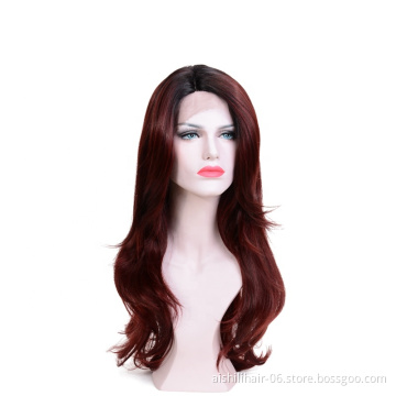 Wholesale wine red fluffy synthetic wigs lace frontal wig natural wave and kinky curly for the woman Top quality lace front wig
